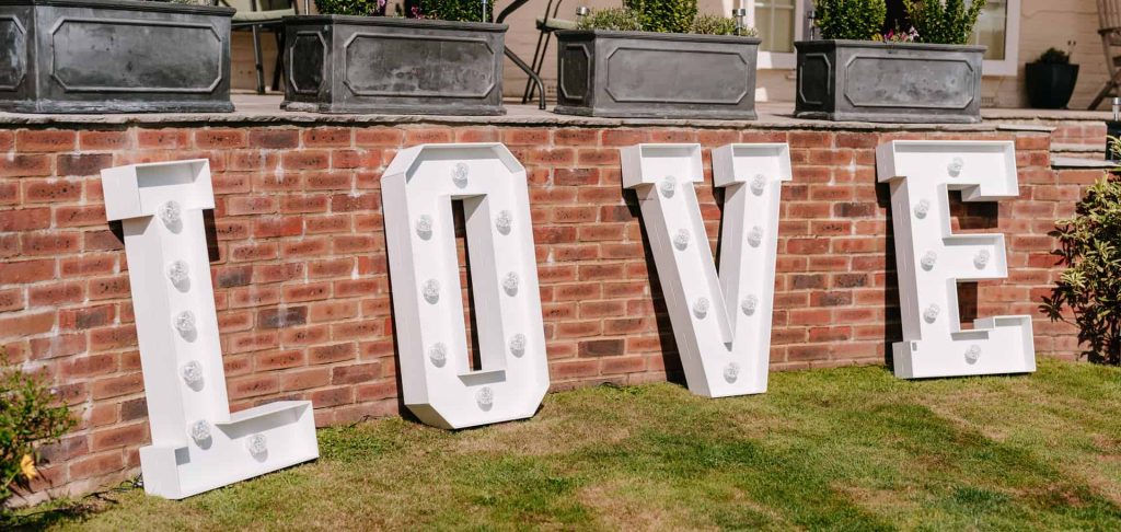 Outdoor 1m LED Love LEtters at Wedding in Amersham, Bucks