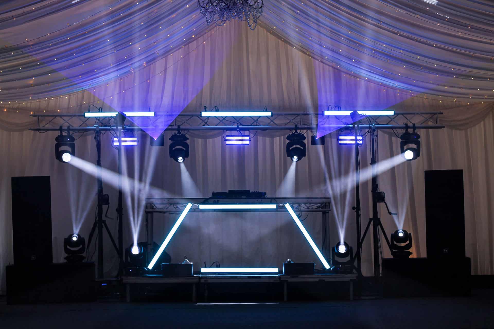 Corporate event sound and lighting setup at Monkton Barn in Marlow